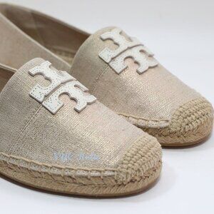 TORY BURCH Weston Espadrille Flat Natural Ivory Canvas Logo Slip On Size 8